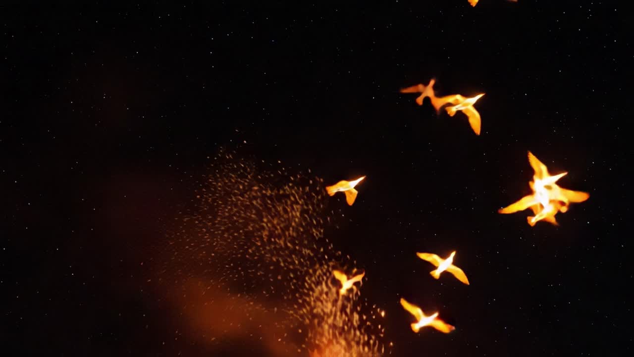 A Mesmerizing Display of Fiery Birds Soaring Through a Starry Night Sky, Illuminating the Darkness with Their Glowing Wings and Creating a Breathtaking Visual Experience