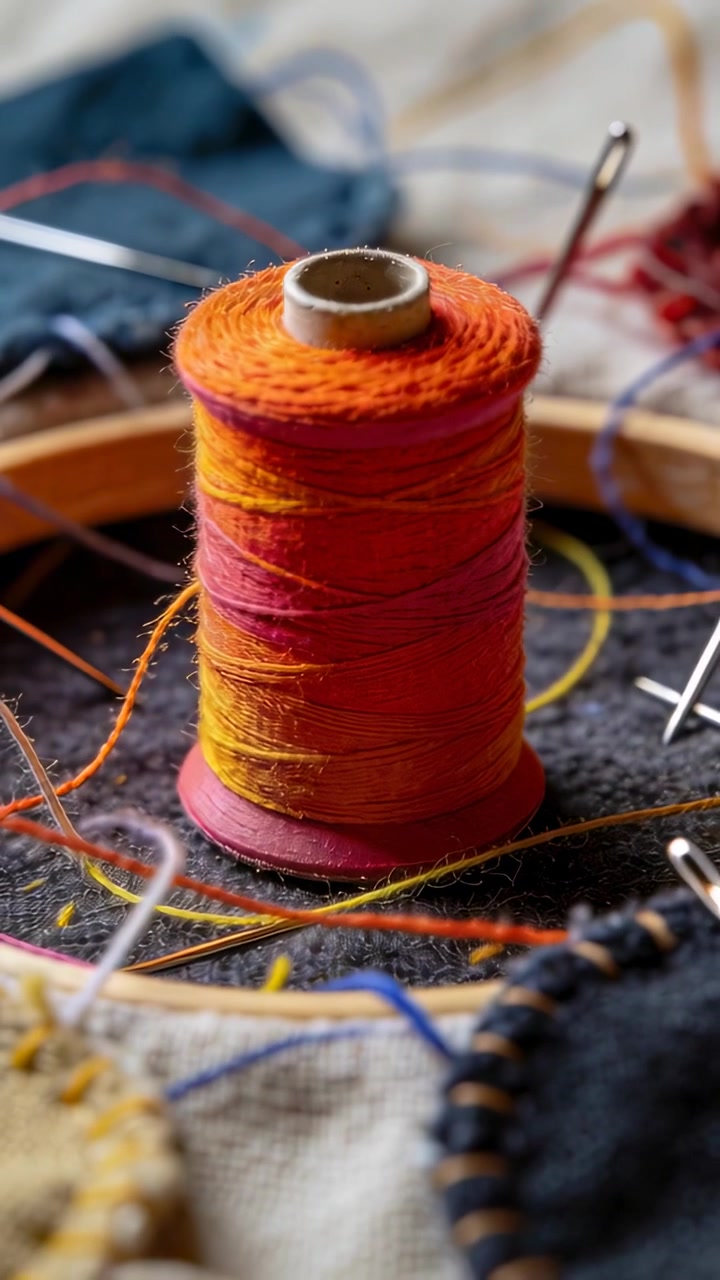 Vertical video: Shifting camera focus showing multicolor spool in hoop, showing fibers and stitches