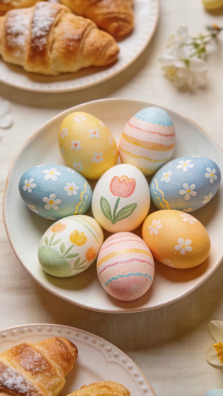 Vertical video: Panning camera showing bowl of pastel eggs on dining table, highlighting motifs