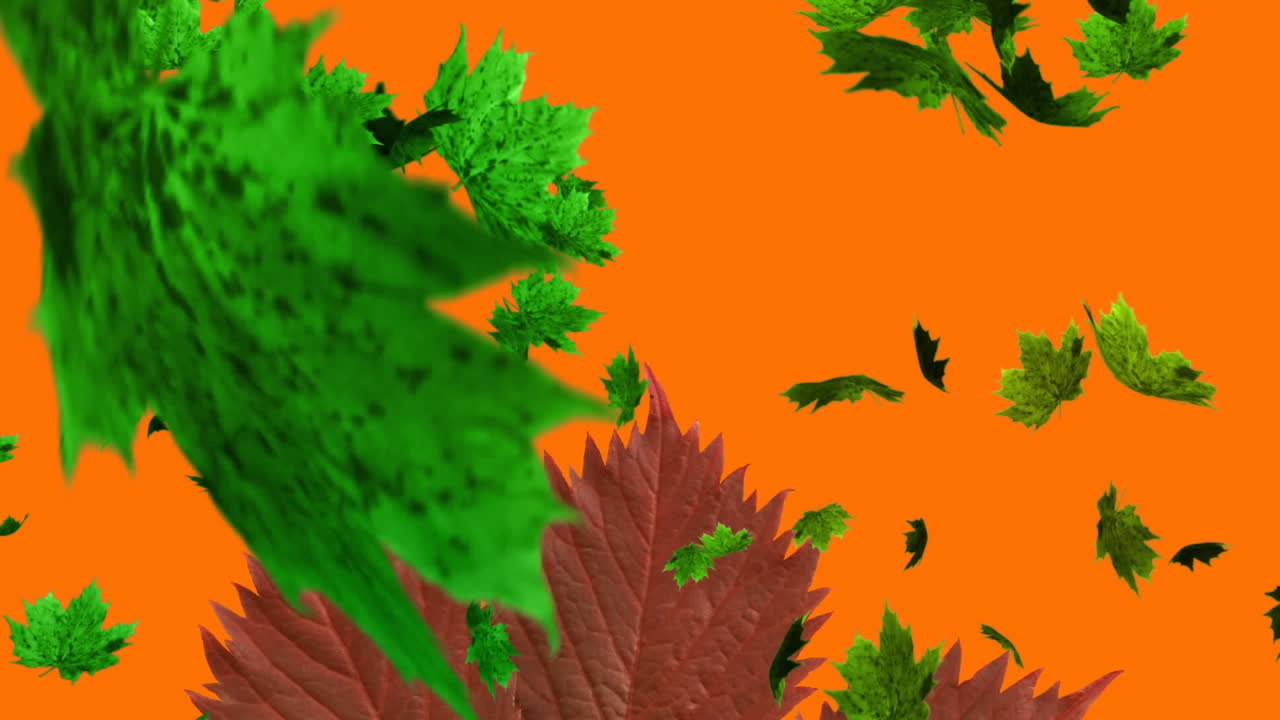 múltiples hojas de arce de otoño que caen sobre las hojas y el espacio de copia contra un fondo naranja