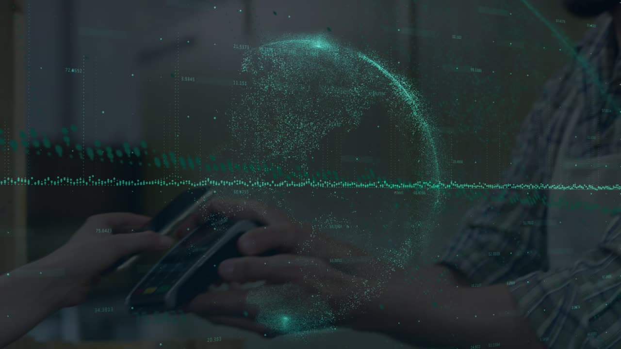 Animation of data processing over hand paying with smartphone