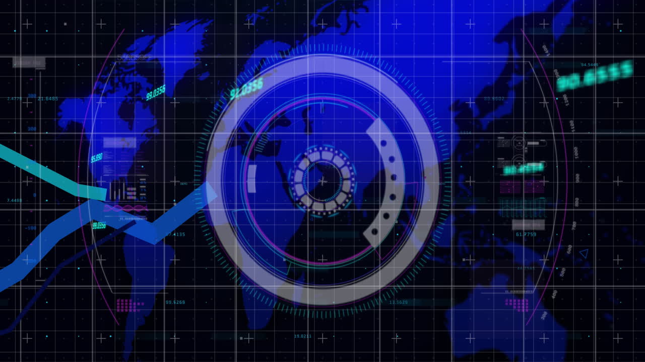 animación del escaneo del alcance y el procesamiento de datos sobre el mapa del mundo en el fondo