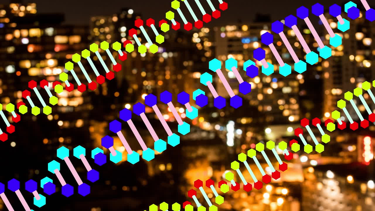 흐릿한 밤의 도시 풍경 위에 회전하는 dna의 애니메이션