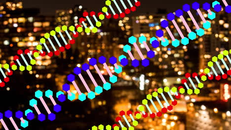 animación de adn girando sobre el paisaje urbano nocturno borroso