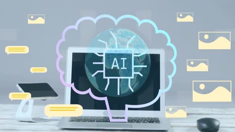 animation of ai text and data processing over laptop
