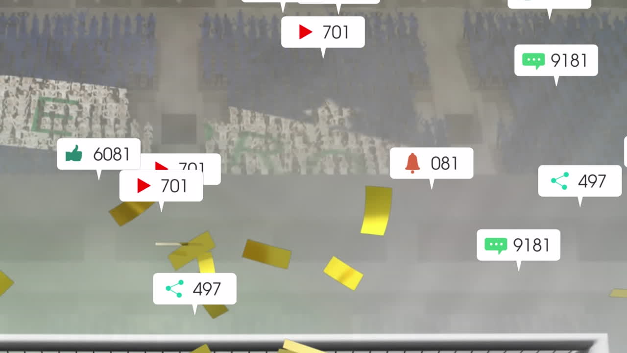 스포츠 경기장의 스탠드에 떨어지는 여러 미디어 아이콘과 황금 콘페티의 애니메이션