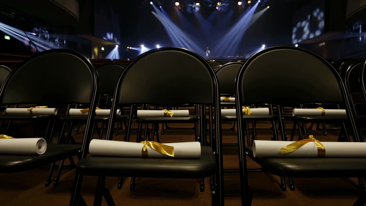 Reihen leerer Klappstühle dominieren den Vordergrund und die Mitte eines schwach beleuchteten Auditoriums, mit Blick auf eine entfernte Bühne, die in blau-weiße Scheinwerfer getaucht ist. Die niedrige Perspektive
