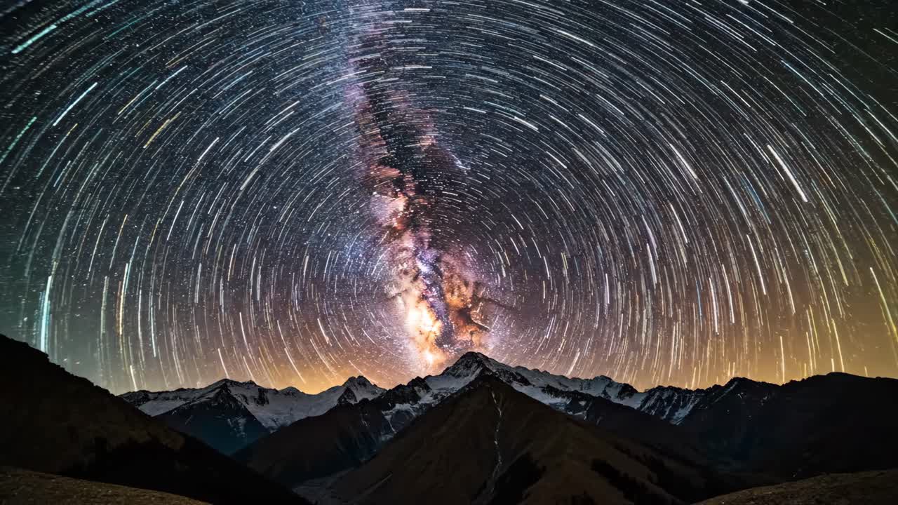 Star Trails and the Milky Way over Snow-Capped Mountains