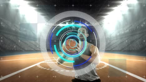 animation of rotating security system over caucasian male basketball player at stadium