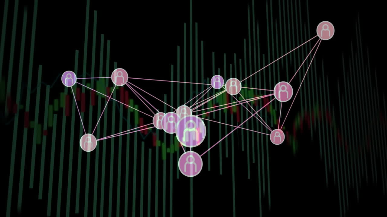 Network of connections and data processing animation over financial graph background