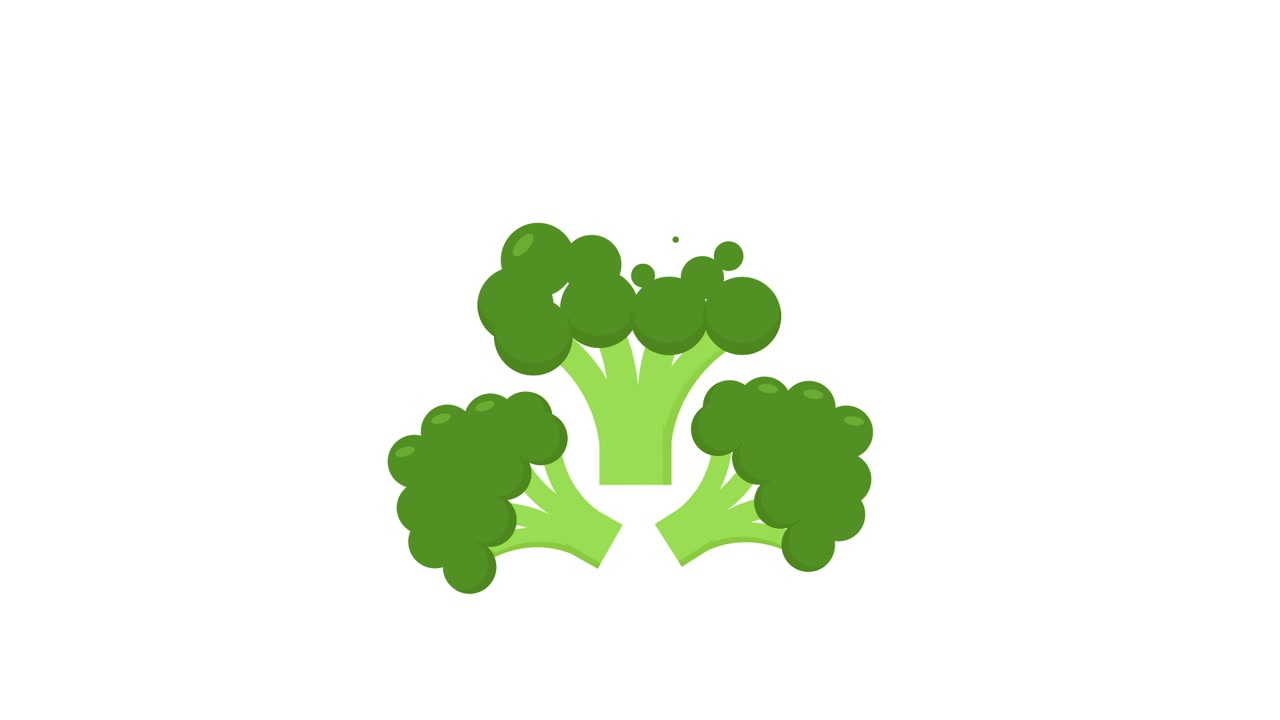 Cimette di broccoli animate che crescono e si formano su sfondo bianco.