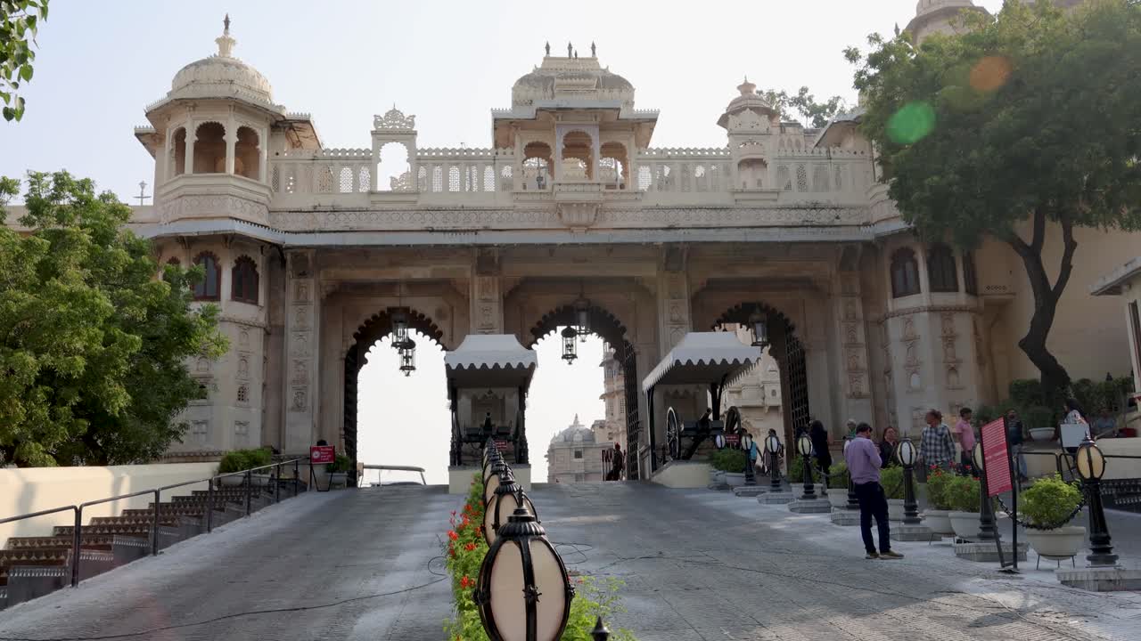 historical palace artistic entrance gate at morning from different angle video is taken at Udaipur rajasthan india on Nov 25 2023.