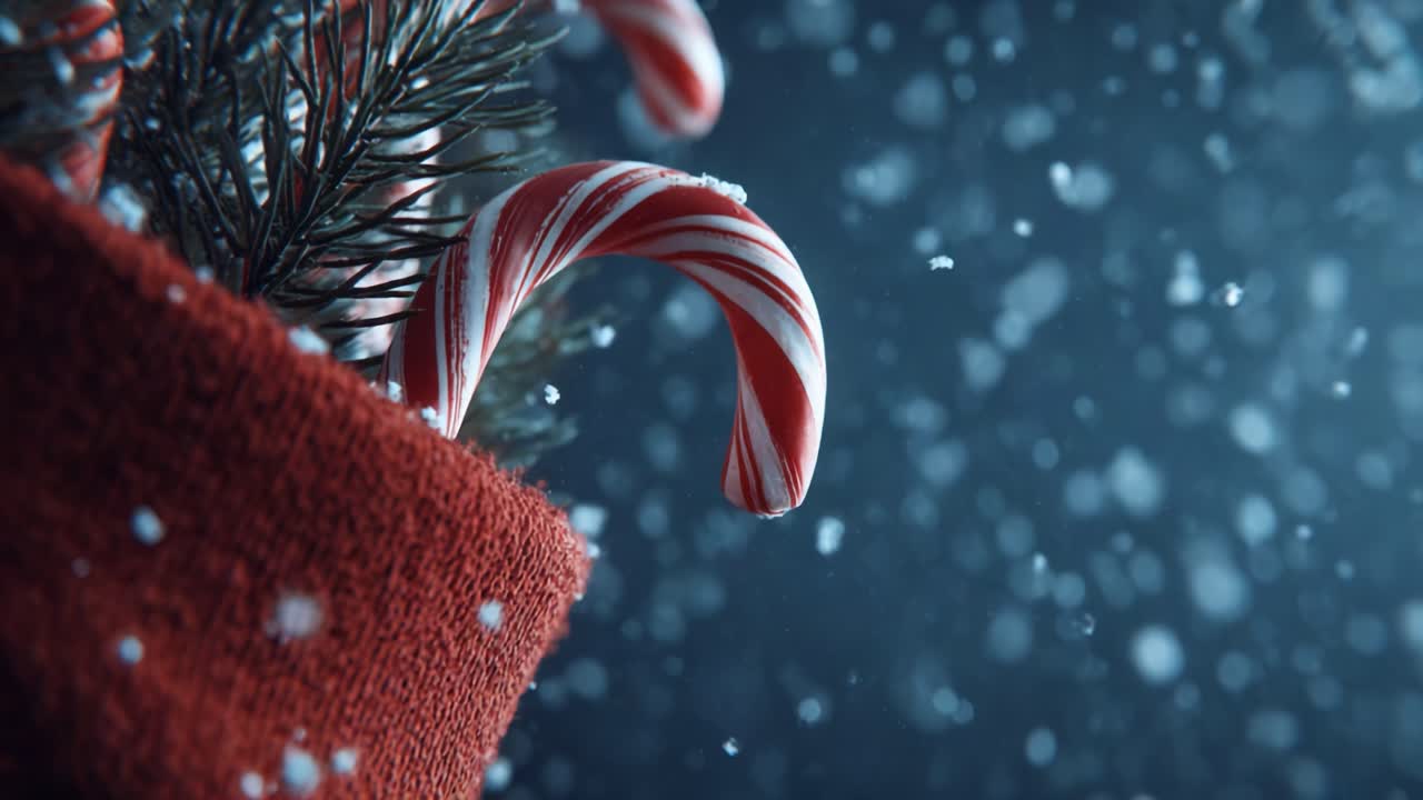 A Cozy Winter Scene Featuring Festive Candy Canes Peeking Out of a Christmas Stocking Surrounded by Gentle Snowfall, Embracing the Spirit of the Holiday Season