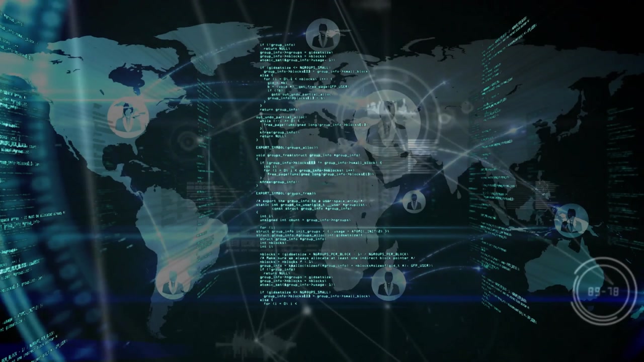 Beginning digital world map appearing code flowing rotating HUD user nodes connecting network flow