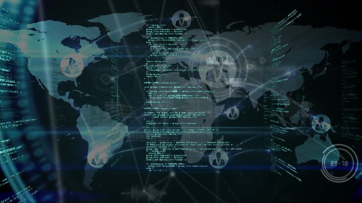 Beginning digital world map appearing code flowing rotating HUD user nodes connecting network flow