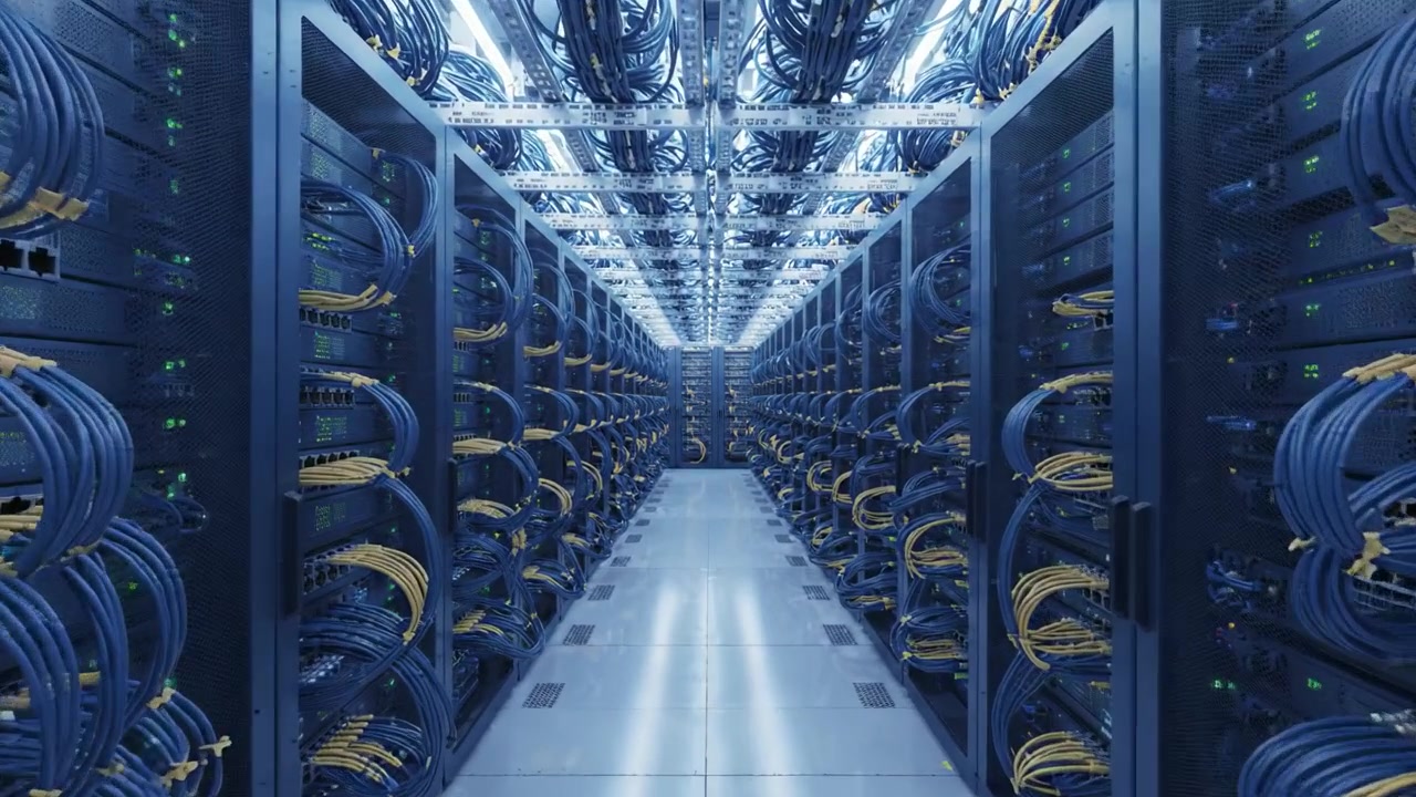 Advanced Data Center Technology Showcasing High-Density Server Racks with Complex Networking Cables and LED Indicators Illuminating the Interior Environment Effectively