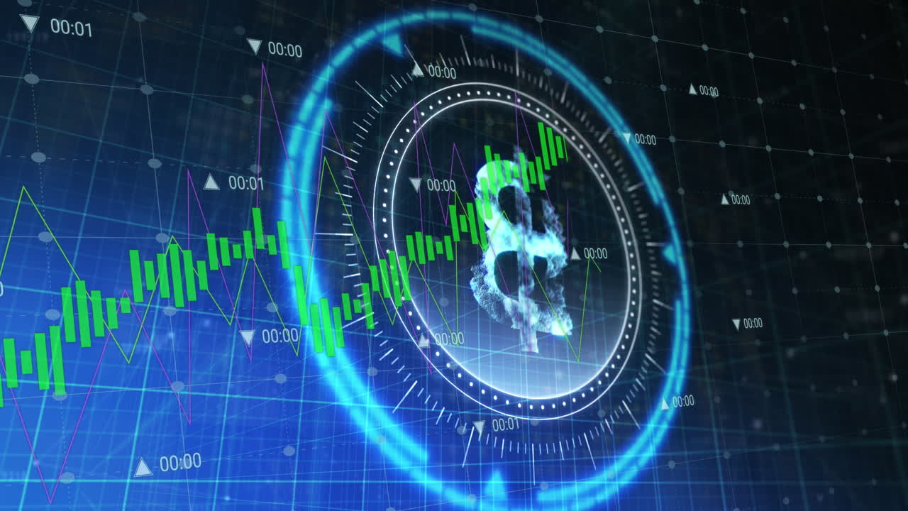 animación del símbolo de bitcoin en el bloqueo giratorio de la caja fuerte sobre el procesamiento de datos financieros