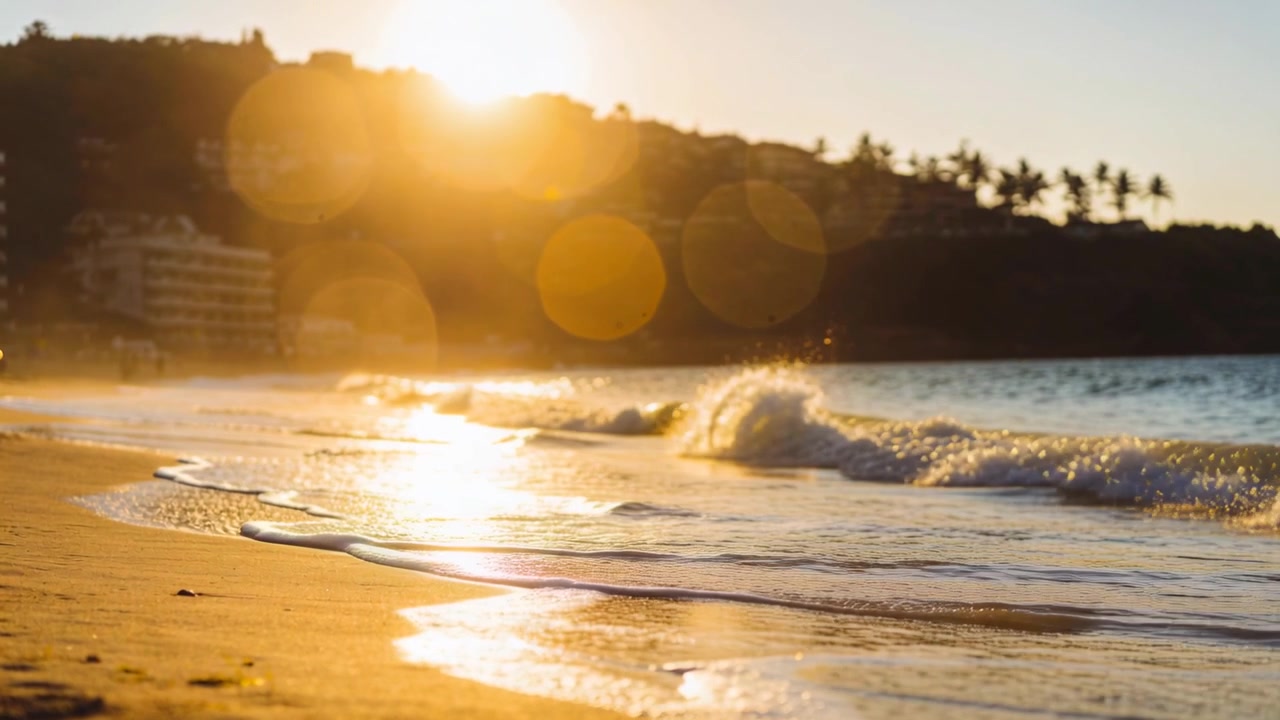 Ondulação passando, a arrebentação avançando e quebrando com borrifos na praia ao pôr do sol, com reflexos de lente.