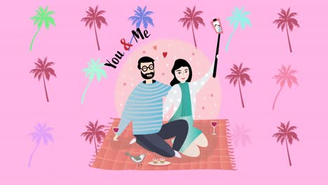 animation of happy couple embracing on pink background