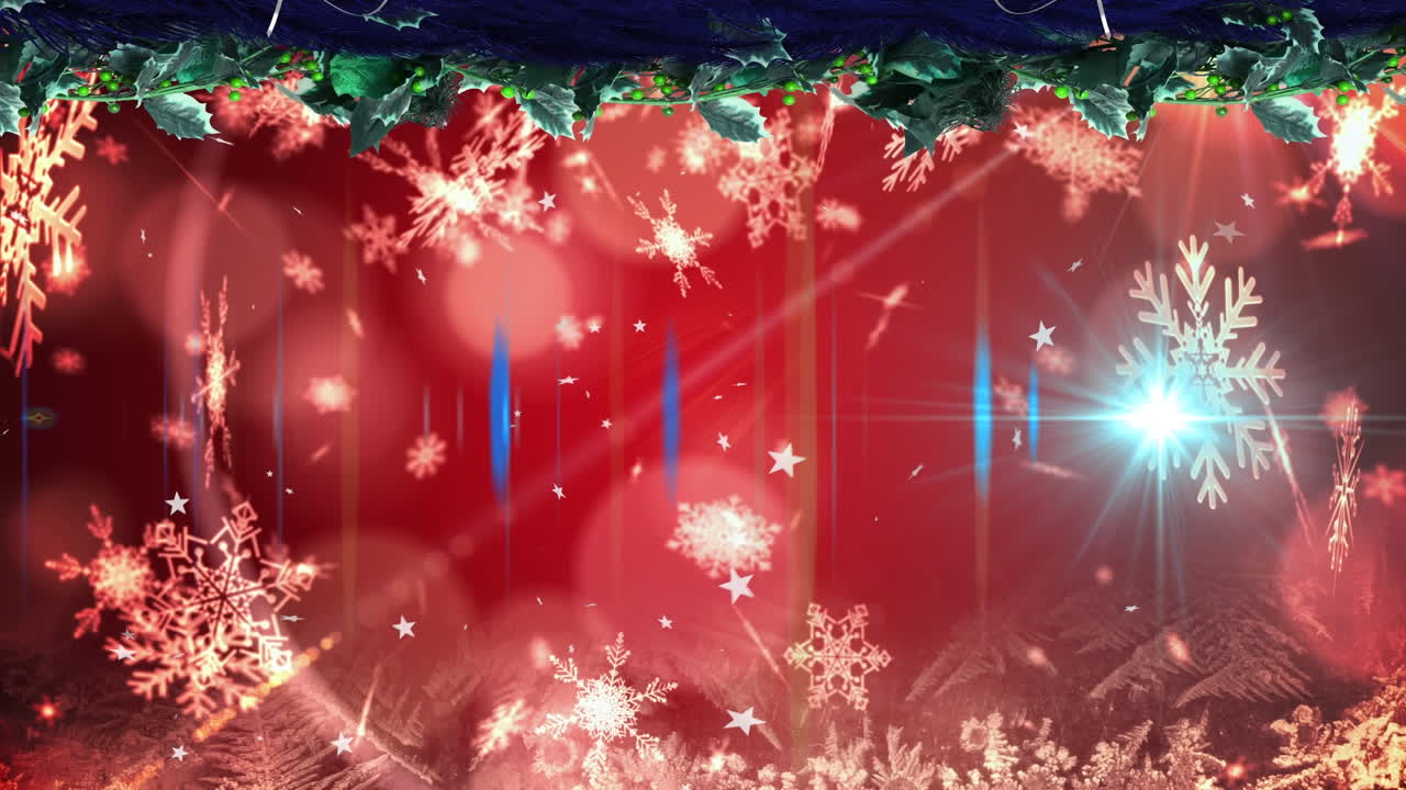 크리스마스 꽃줄이 있는 은 배경 위에 내리는 눈의 애니메이션