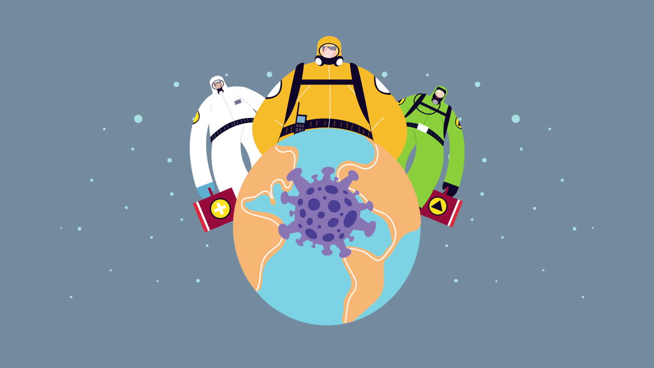 지구 행성에서 코로나19 보호를 위해 바이오 안전복을 입은 산업 노동자