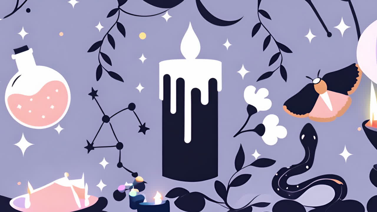 vela y objetos místicos con estrellas y constelaciones animación