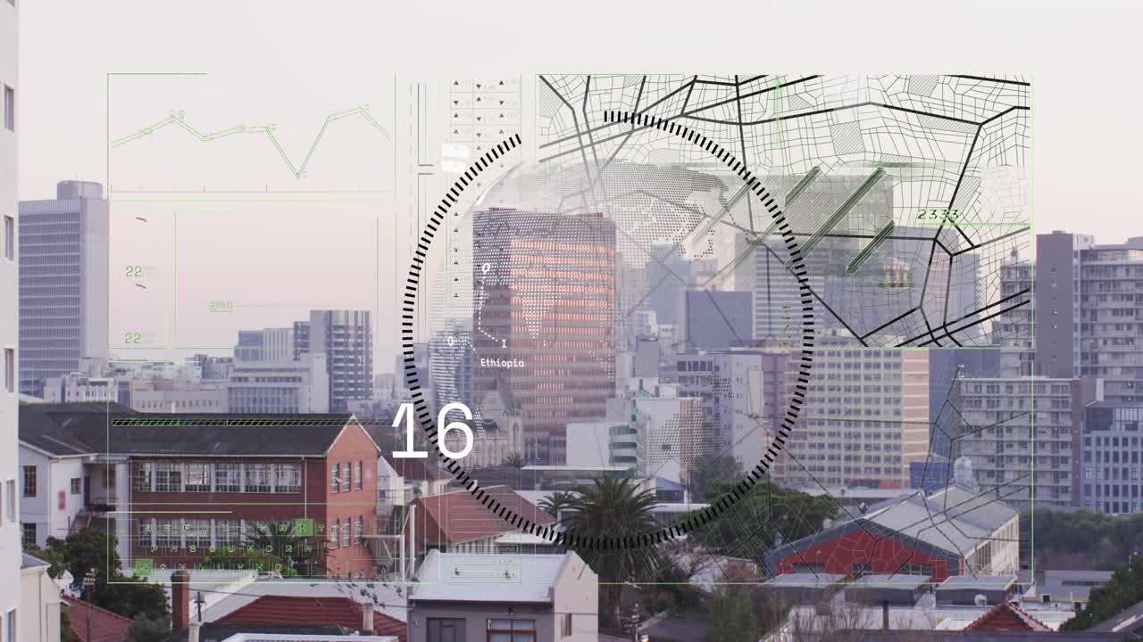 Start globe appearing over city, ring growing then unwinding, counter rising then falling for data