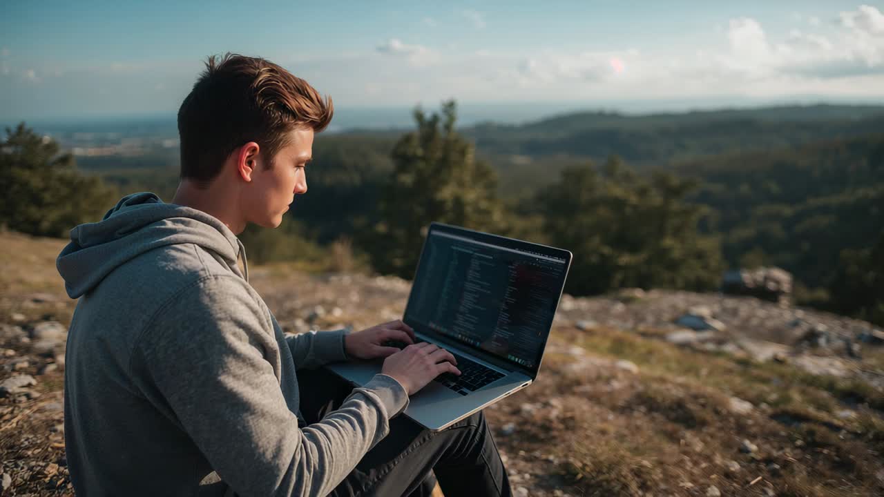 Leaning forward man typing on laptop at rocky hilltop, coding project, wearing grey hoodie