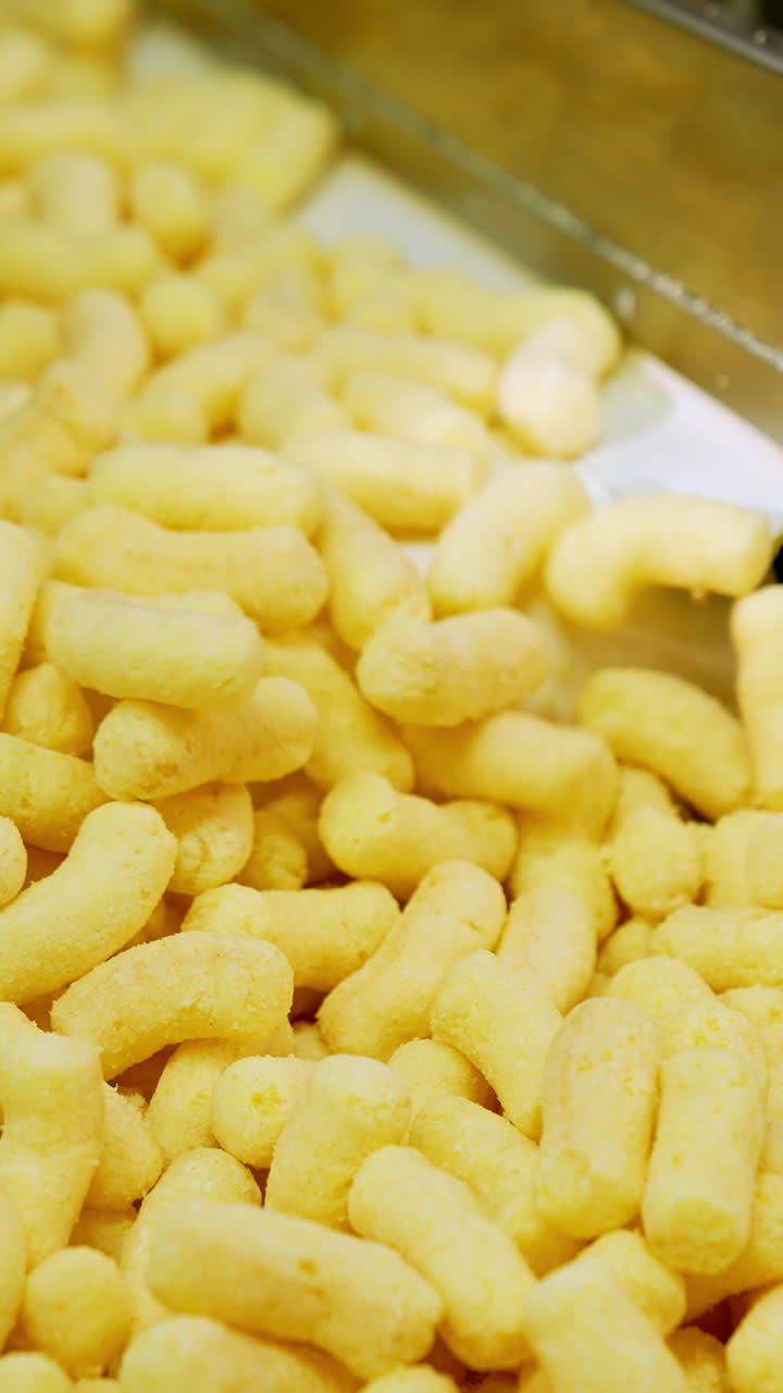 Worker's gloved hand moves a mass of corn sticks with spatula. Crispy snacks close up at conveyor belt. Vertical video