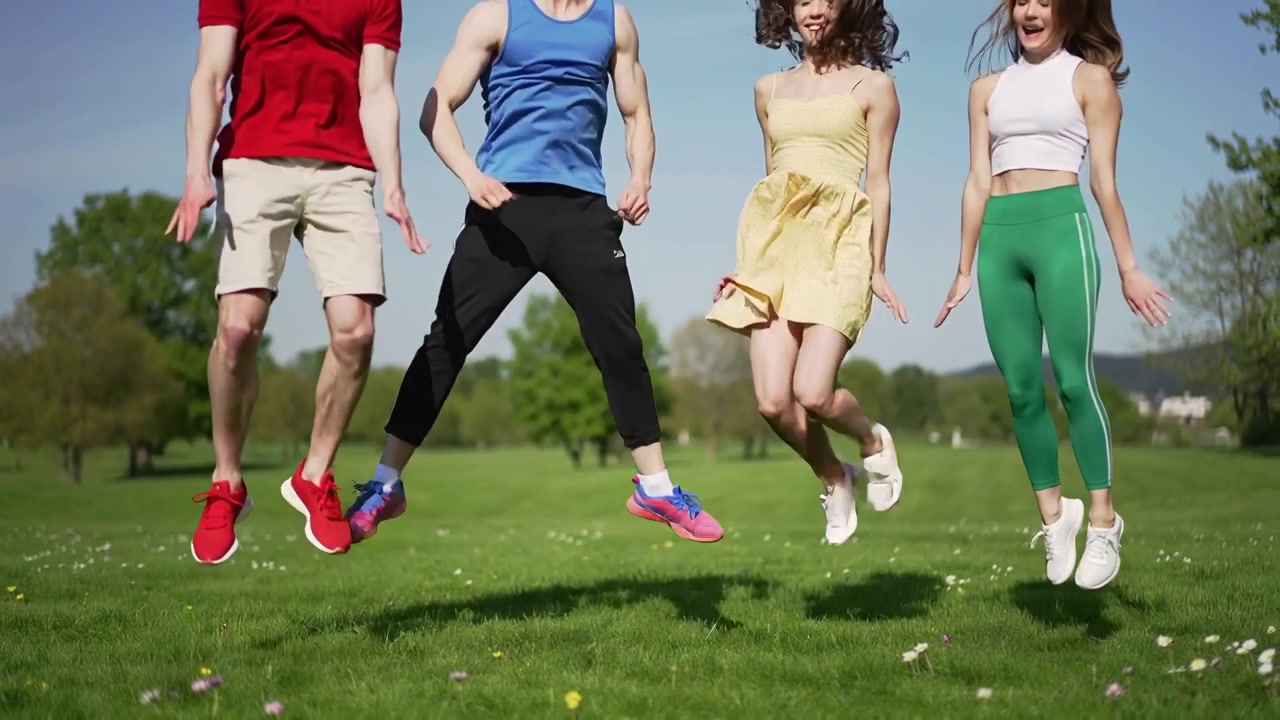 Gruppo di quattro amici che saltano in un prato del parco rispondendo a un segnale, indossando abiti colorati e scarpe da ginnastica.