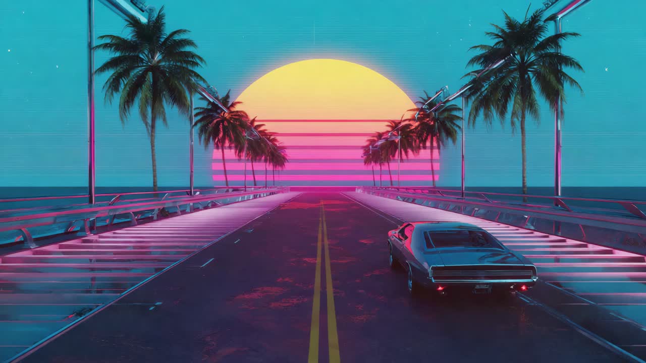 Retro Synthwave Sunset Drive with Classic Car and Palm Trees