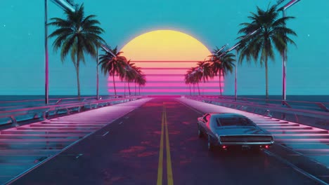 Retro Synthwave Sunset Drive with Classic Car and Palm Trees