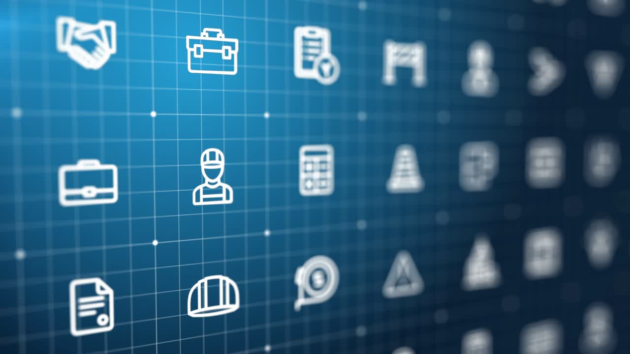 4k abstracto animación 3d. arquitecto, ingeniero de construcción de fondo. deslizar en la cuadrícula de plano. interfaz, concepto de sistema de interacción. trabajador, construir, casa, grúa, icono de línea de máquina. bucle sin costuras