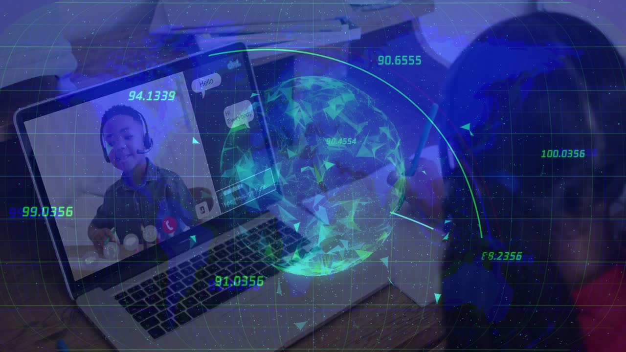 Classmates joining online class using laptop and notebook, displaying digital globe with data