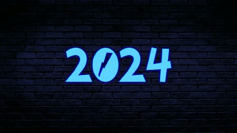 blue number 2024 neon animation motion graphics on brick wall background