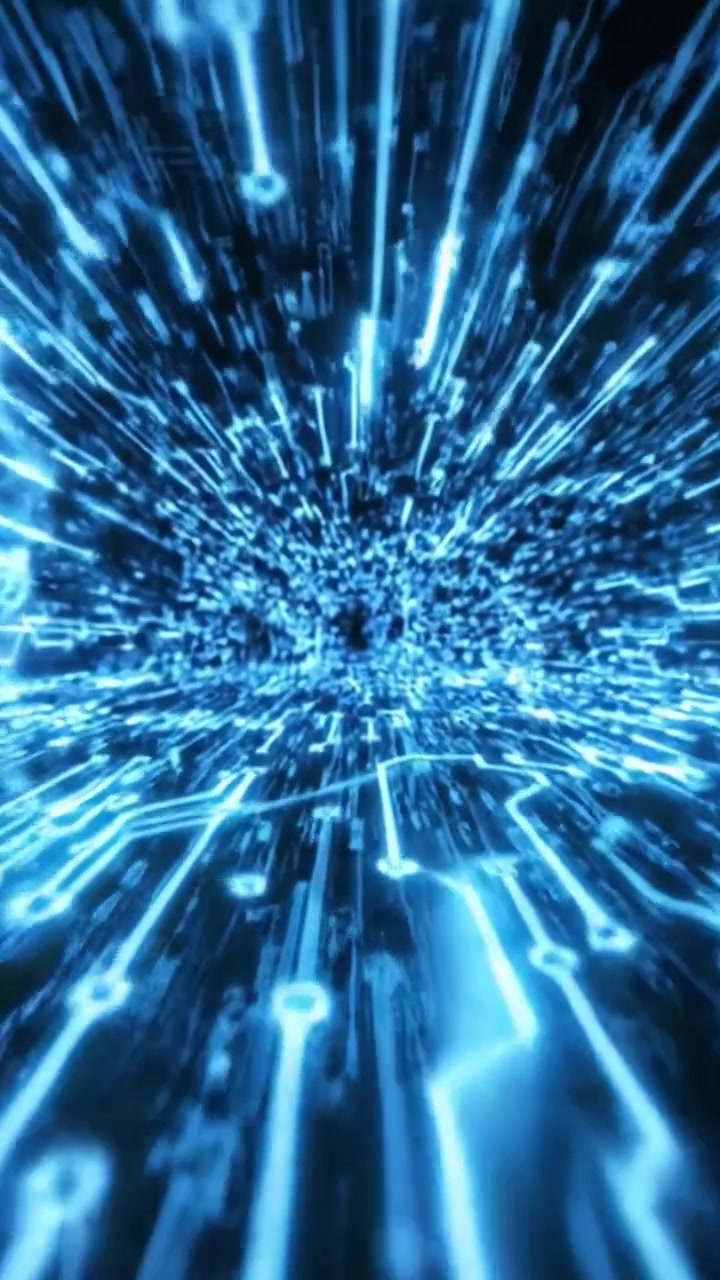 Dynamic Visualization of Glowing Blue Particles in a Futuristic Digital Environment, Creating an Engaging and Immersive Experience Through a Stream of Light and Data