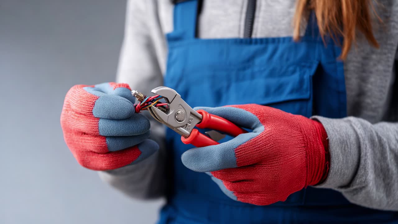 A person expertly handling electrical wires with needle-nose pliers while wearing protective gloves, showcasing a focus on safety and precision in electrical work or DIY projects, capturing essential skills
