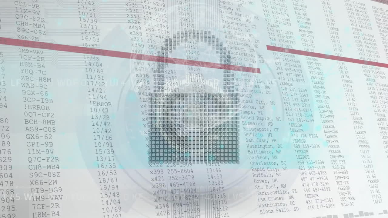 animación de iconos de nube, candado y escudo sobre procesamiento de datos y escáner sobre fondo blanco