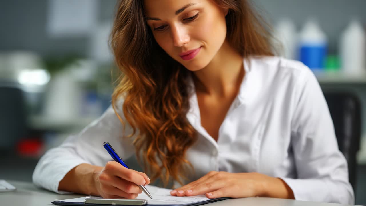 A focused young woman with long brown hair diligently writing notes in a notebook, showcasing concentration and professionalism in a bright and modern workspace filled with abstract colors and shapes