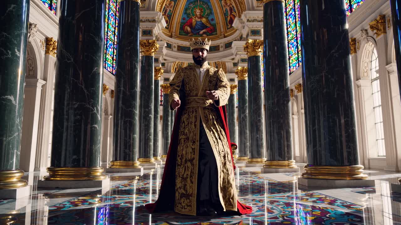 A regal video scene with a king on a throne in a grand hall