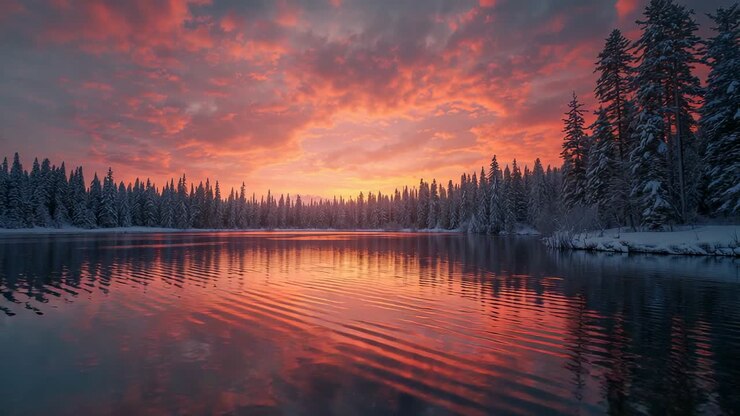 Gentle breeze stirring lake surface, ripples traveling across snow-pine forest shifting sunset hues