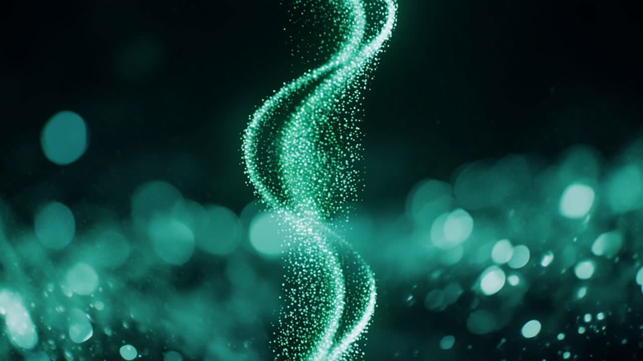 Onda di particelle verdi luminose che fluisce su sfondo scuro