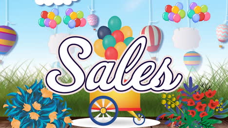 animación de ventas de palabras en blanco con carrito de helados, flores y globos en la hierba y el cielo azul