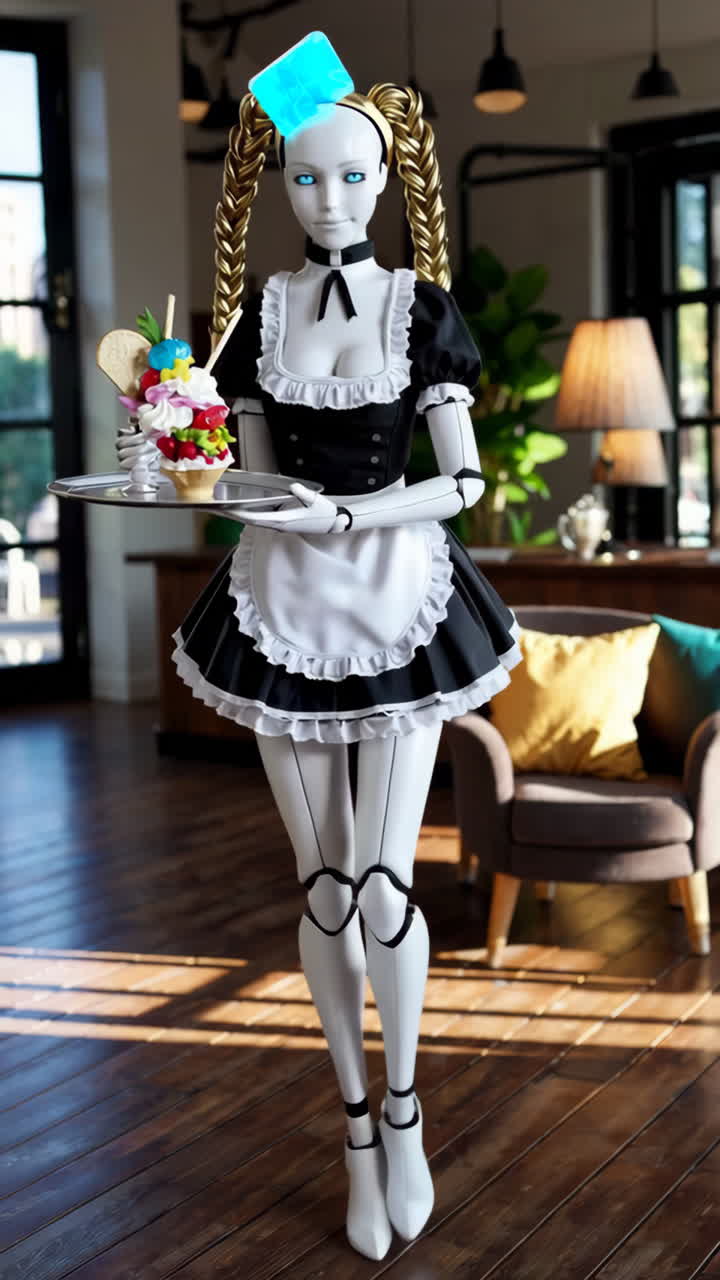 Robot Maid Serving Dessert in a Cafe