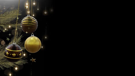 las bolas de navidad negras y doradas se balancean sobre las estrellas brillantes que caen sobre un fondo oscuro, copia el espacio