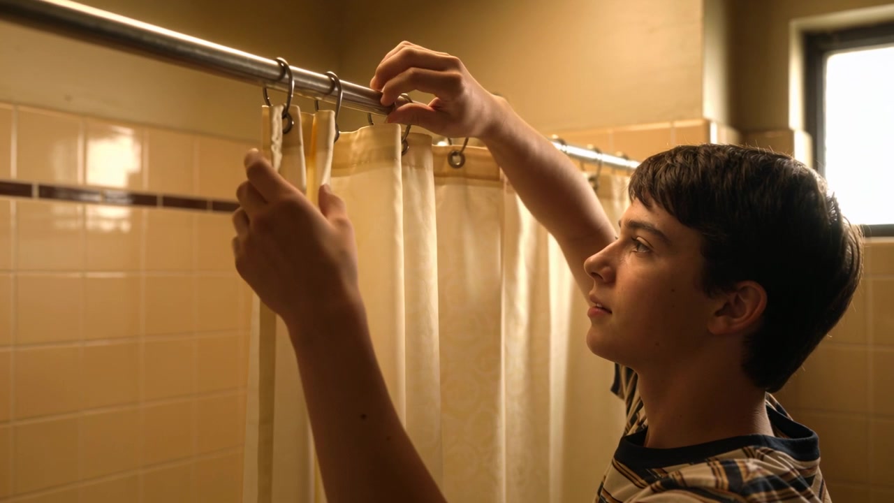 Reaching teen striped shirt fixing hooks on shower rod aligning panels at home, copy space