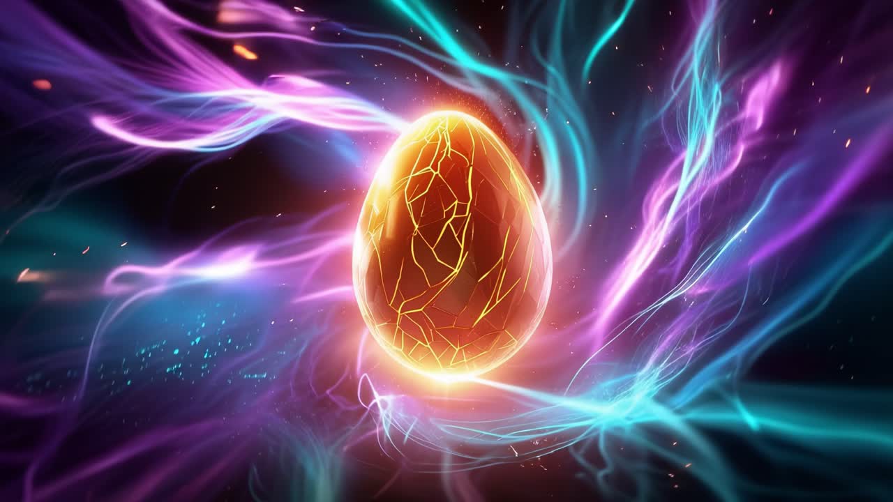 Un uovo brilla di energia, circondato da vibranti fulmini cosmici. Onde elettriche colorate turbinano attorno all'orbe dorato. Perfetto per progetti di fantascienza, fantasy o a tema spaziale. Ad alta energia, mistico.