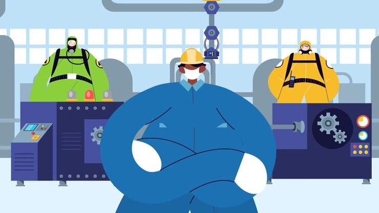 industrial workers wearing medical mask and biosafety suits for covid19 protection