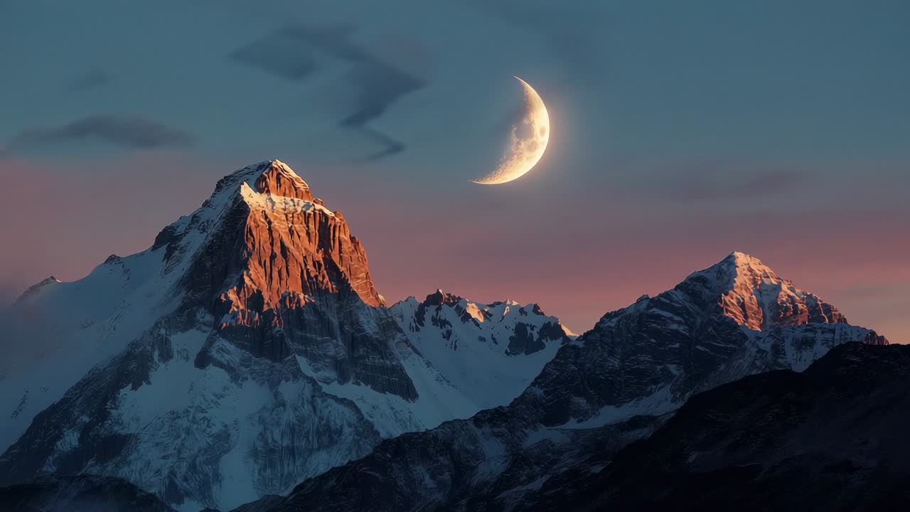 Sunset rays bathing mountain peak with alpenglow in alpine dusk, crescent moon and drifting clouds