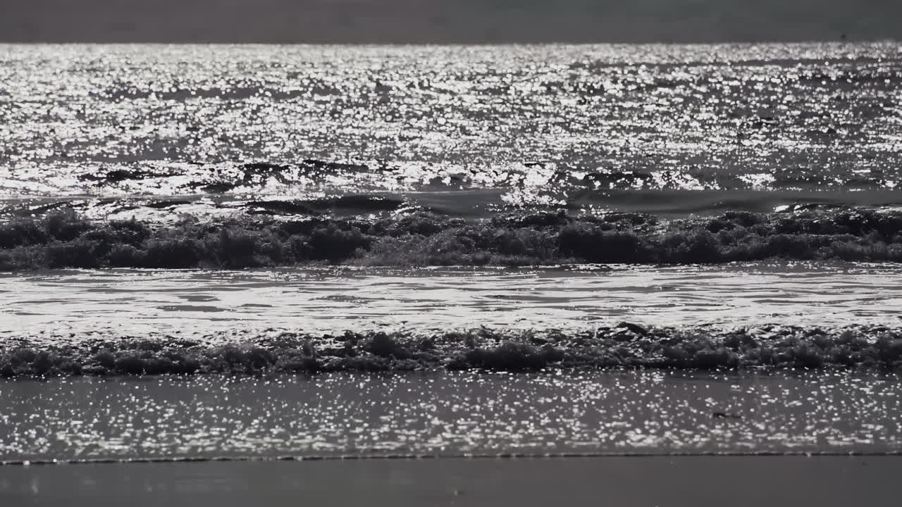 Ocean waves glisten under the sunlight, creating a sparkling reflection on the water surface